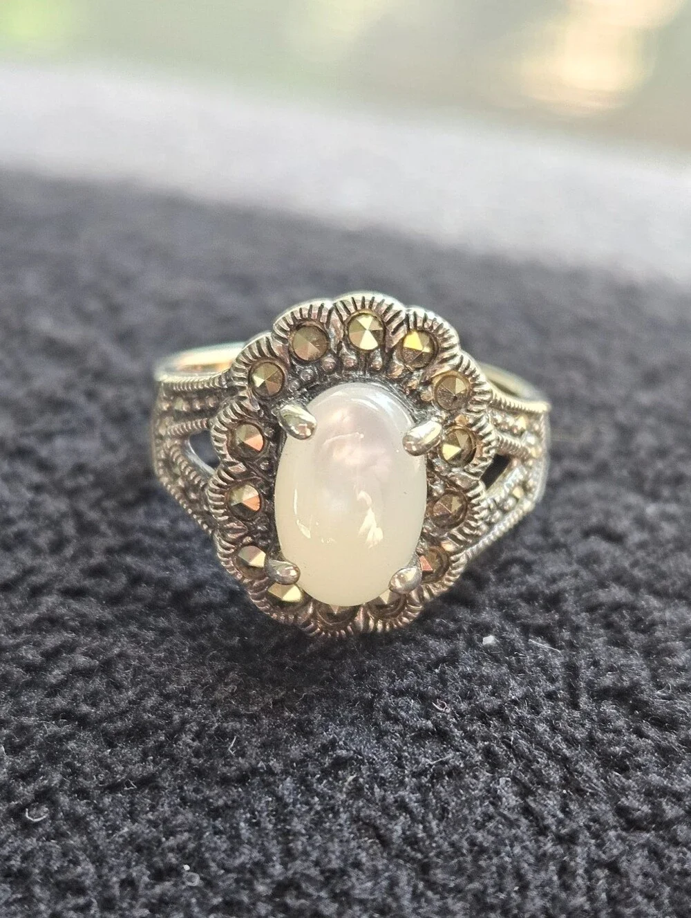 Marcasite Mother Of Pearl Cabochon Halo Ring